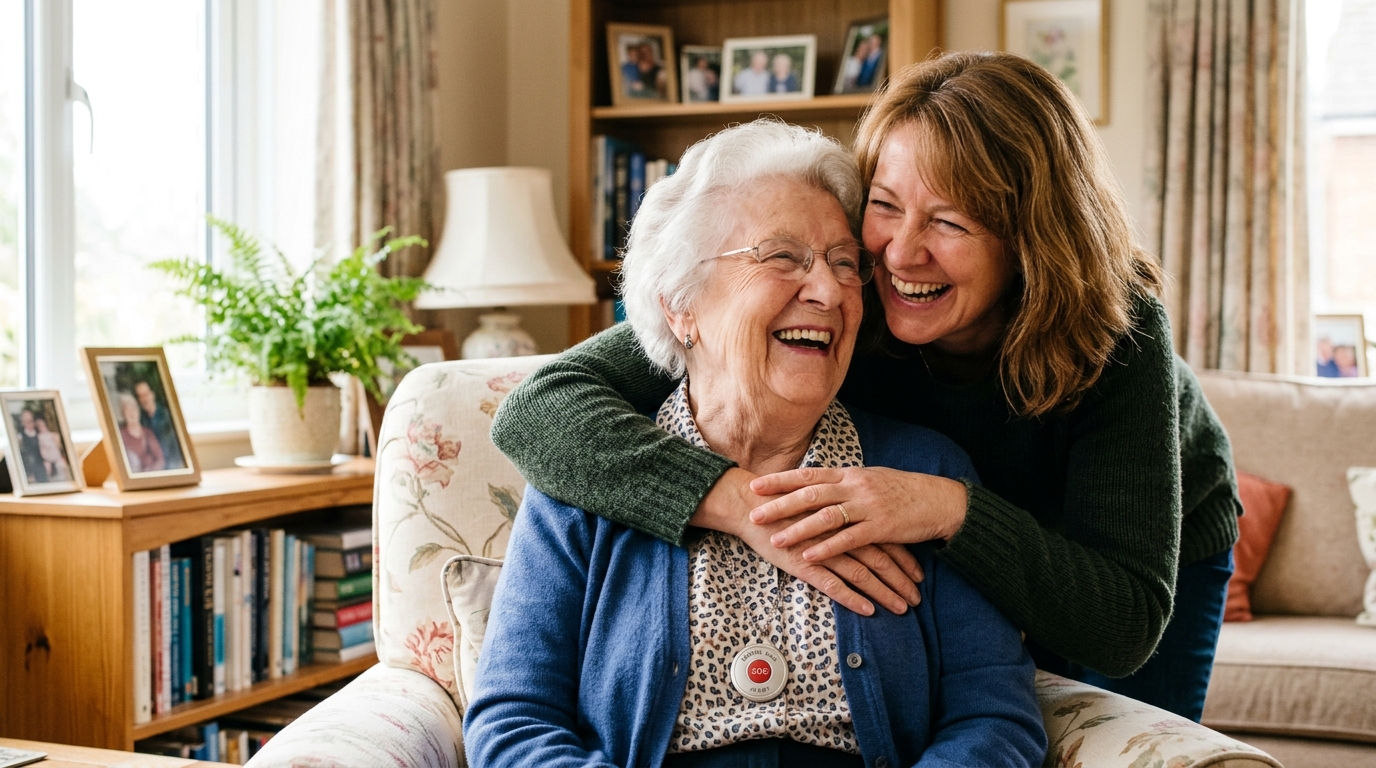 Adult daughter having a caring conversation with her mother about medical alert systems