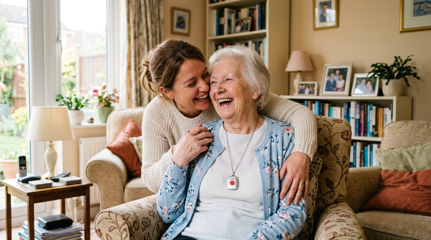 Daughter and mother sharing a warm moment while discussing family safety planning