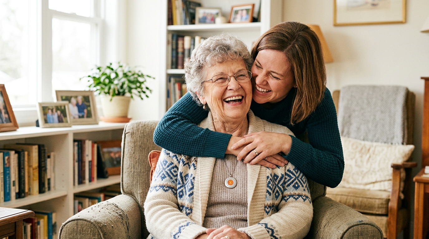 Daughter and mother sharing a caring moment together
