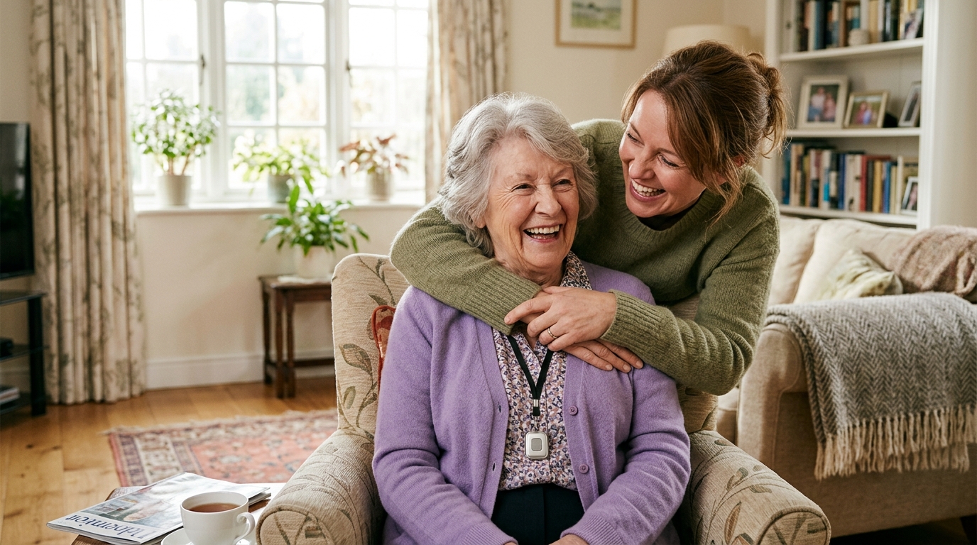 Daughter hugging her elderly mother, showing the love behind choosing a medical alert system