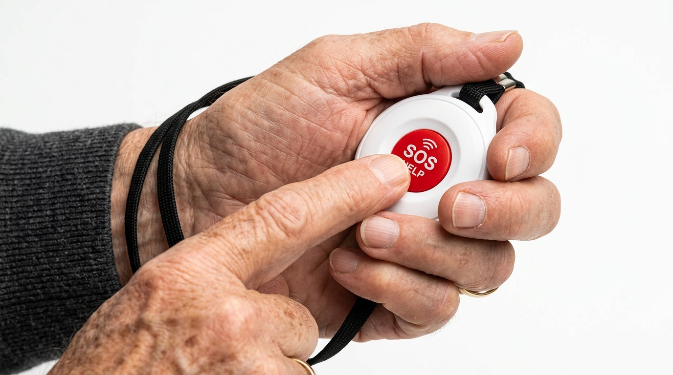 Elderly man pressing a Life Alert emergency button pendant