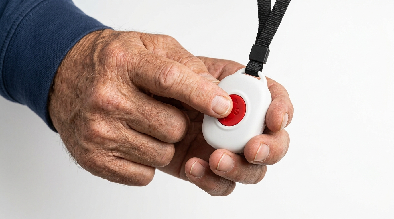 Elderly man pressing a LifeFone medical alert button for emergency assistance