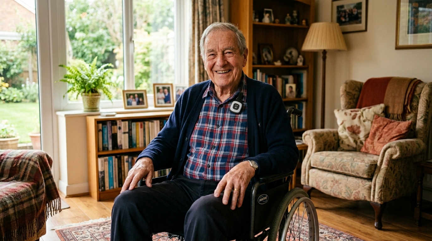 Smiling elderly father feeling confident and safe with his medical alert device