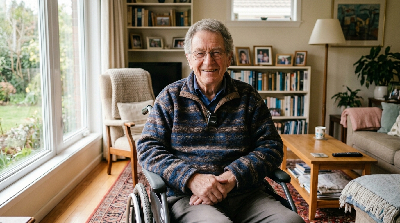 Smiling senior father feeling confident with medical alert