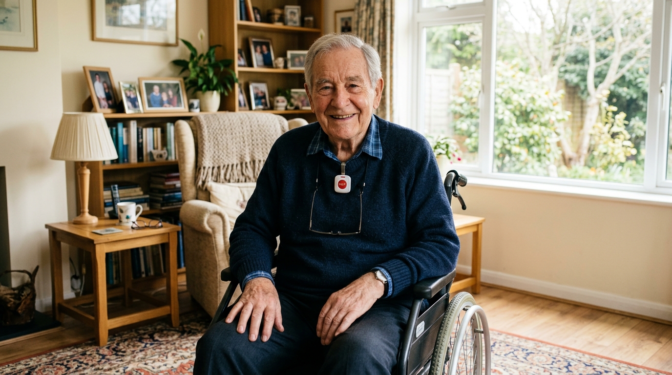 Elderly man thoughtfully comparing medical alert system options