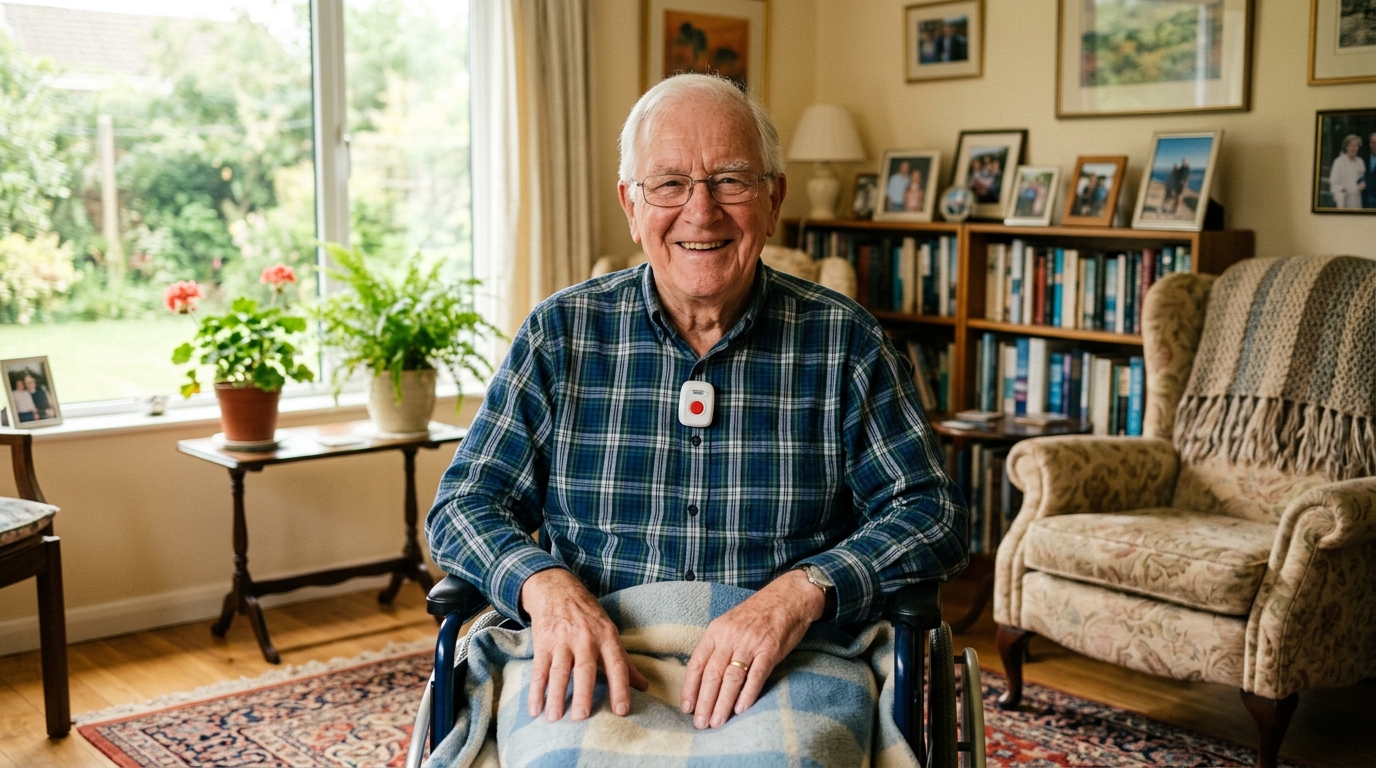 Confident senior man protected by medical alert system