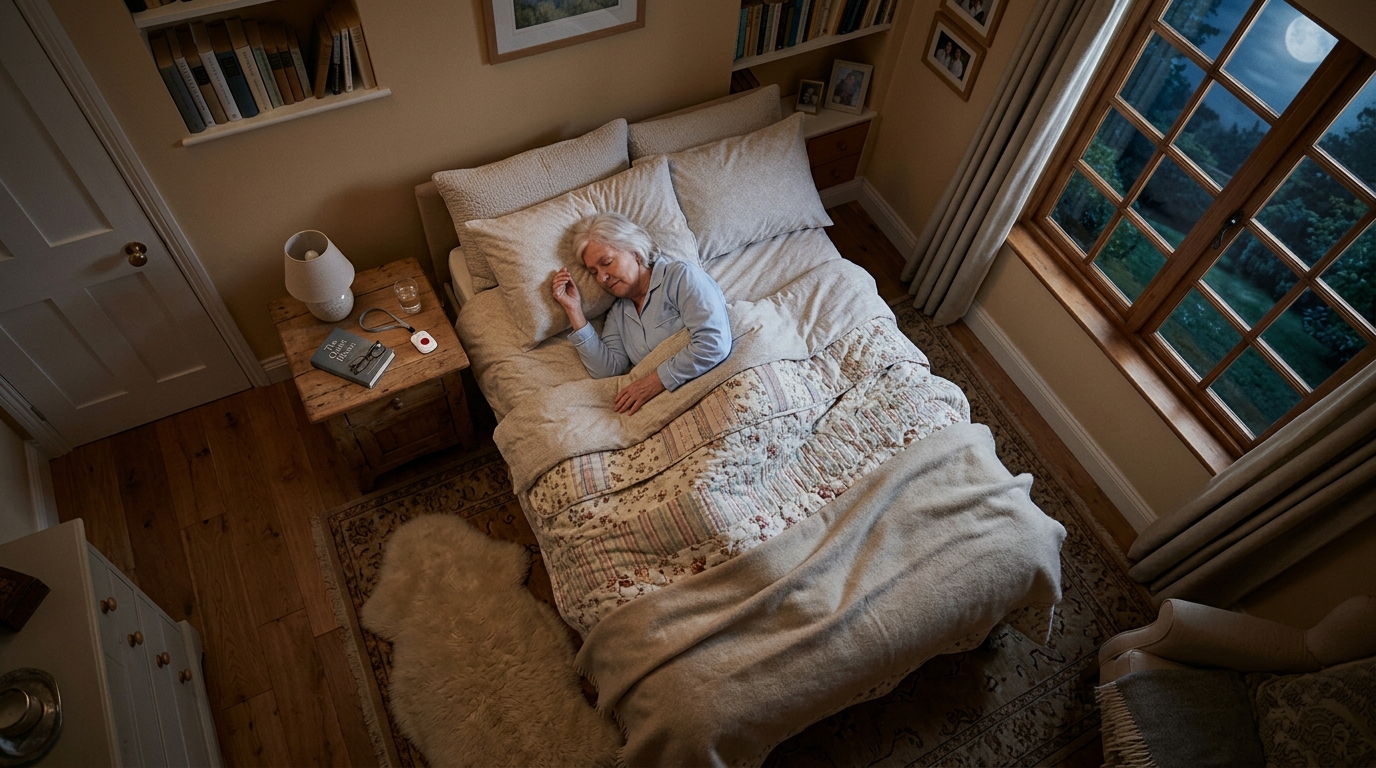 Elderly person resting at home with a medical alert system designed for dementia care