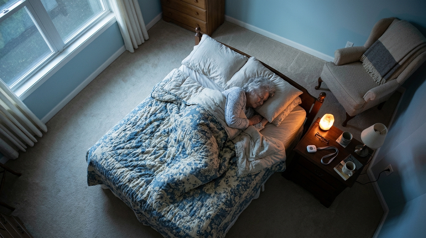 Elderly person resting safely with medical alert monitoring