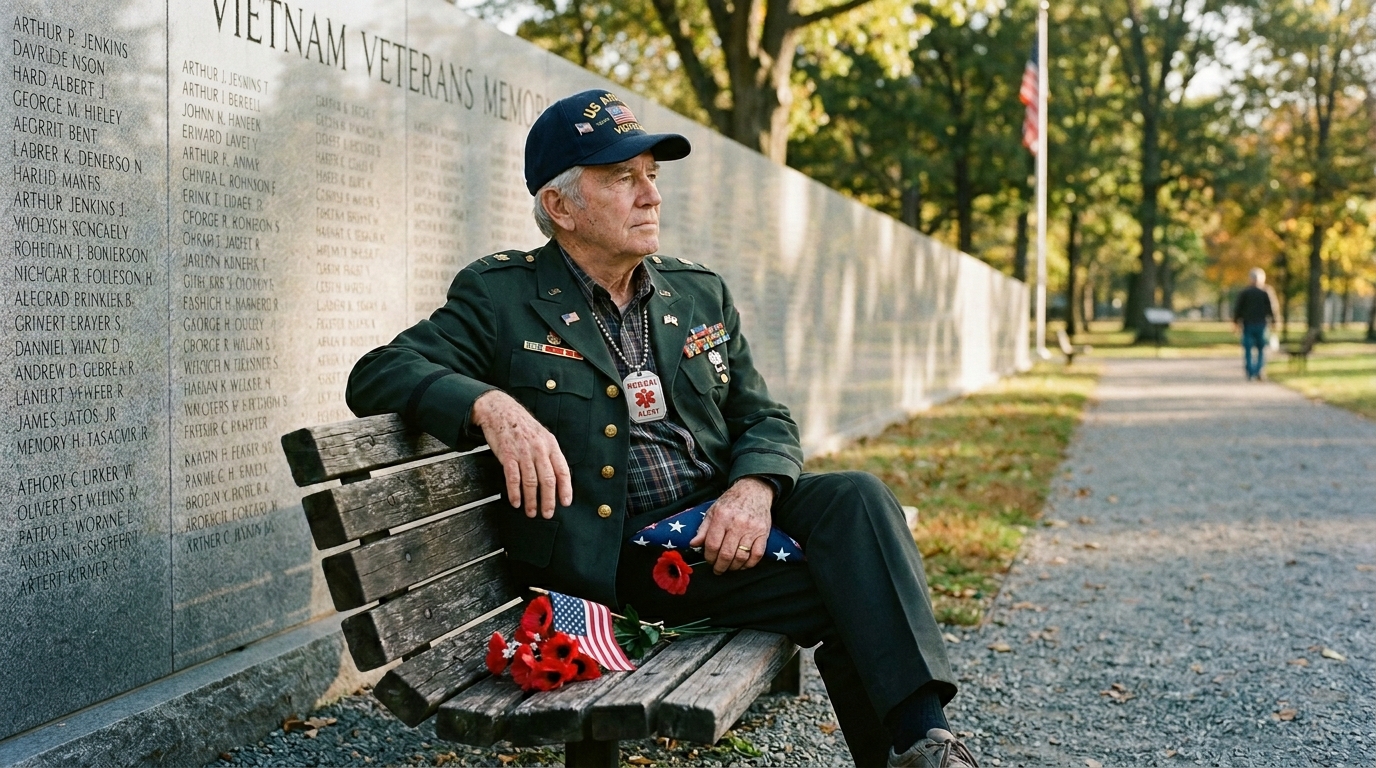 Elderly veteran sitting comfortably at home with a medical alert device