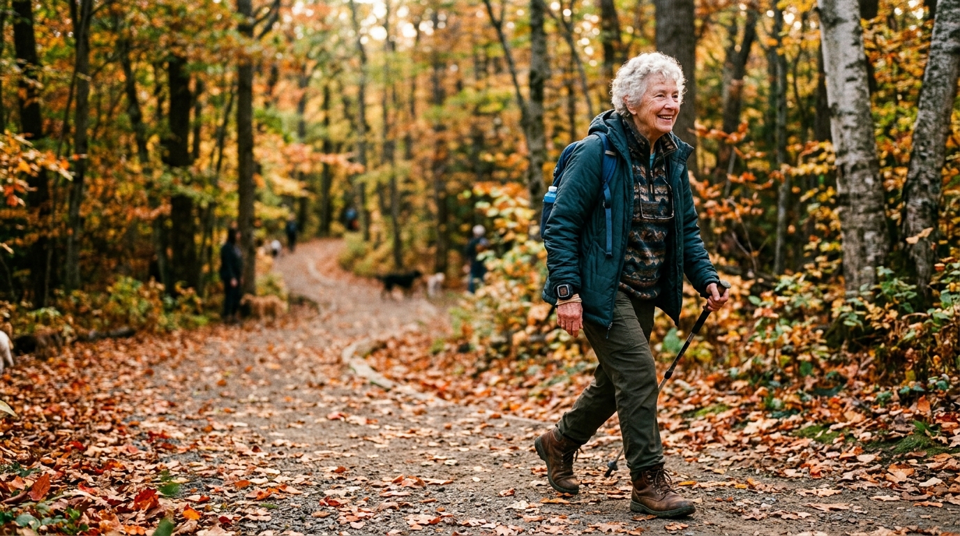 Senior woman walking confidently with mobile medical alert
