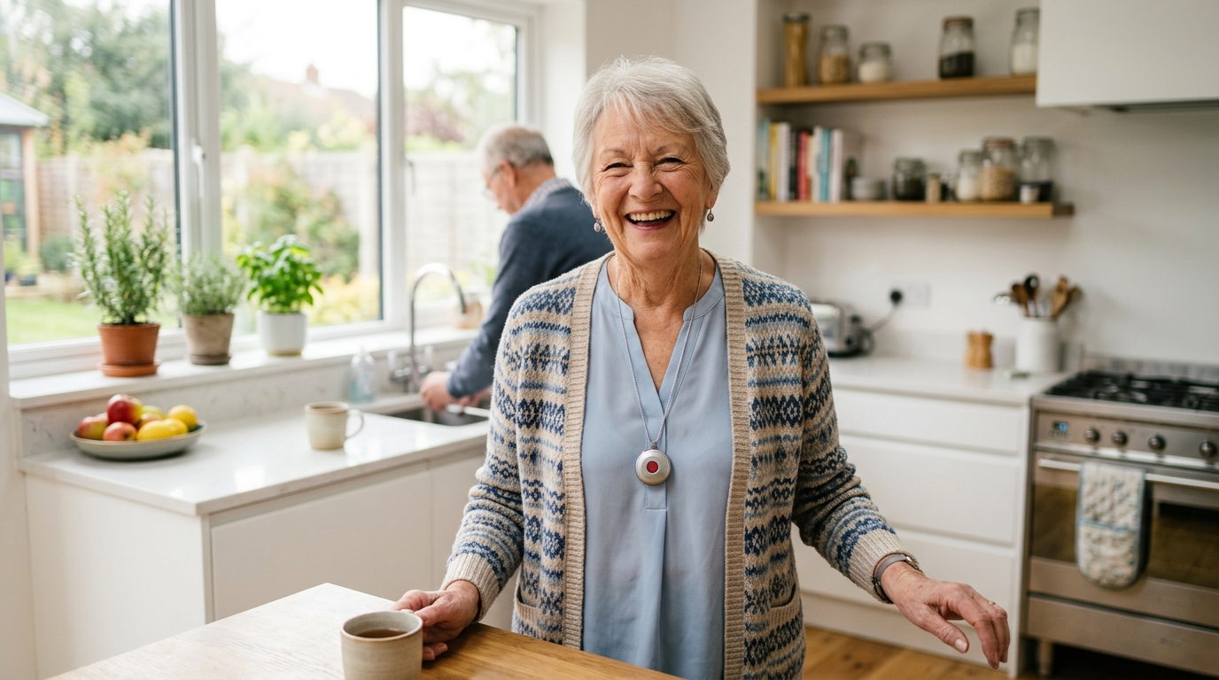 Senior woman wearing a Bay Alarm Medical alert device, smiling confidently