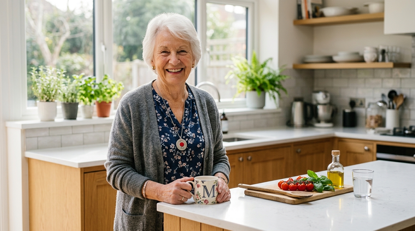 Senior woman wearing a MobileHelp medical alert pendant while at home