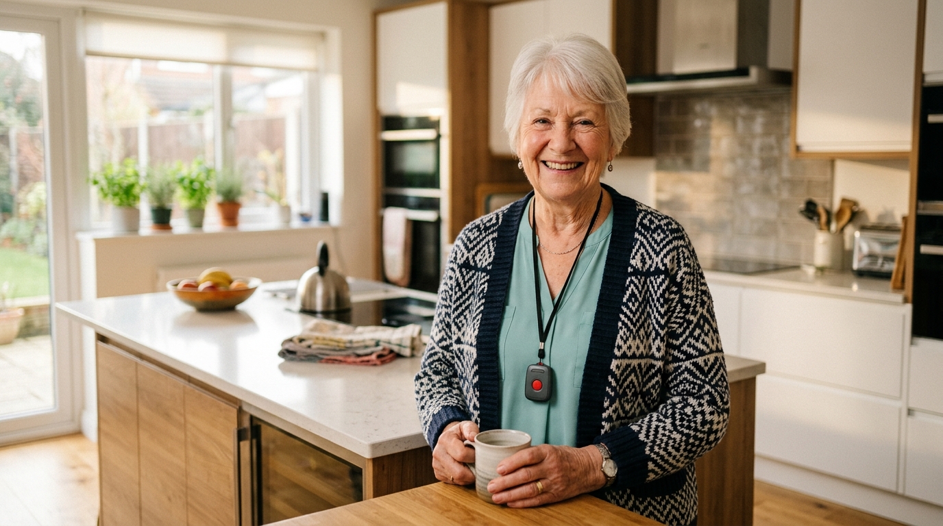 Senior woman wearing a Lively medical alert smartwatch outdoors