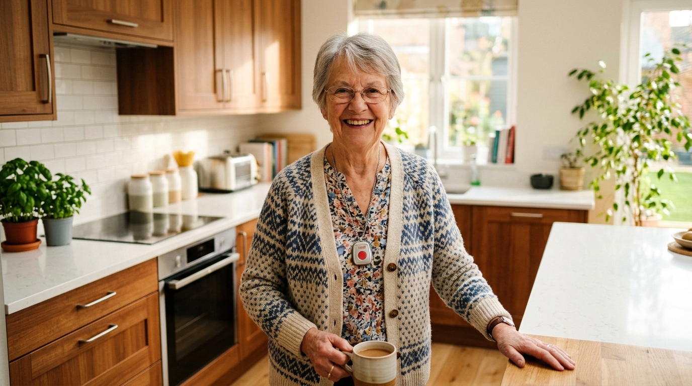 Senior woman wearing a Philips Lifeline medical alert pendant