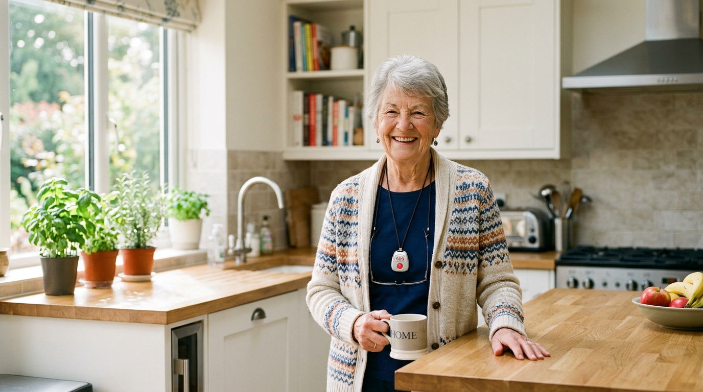 Senior woman reviewing medical alert options to compare Life Alert and Medical Guardian