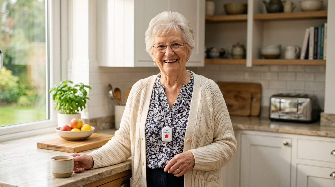 Senior comparing Bay Alarm Medical and MobileHelp alert devices