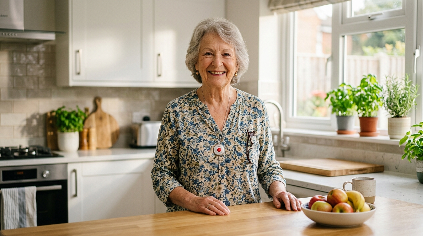 Senior woman wearing a medical alert smartwatch on her wrist