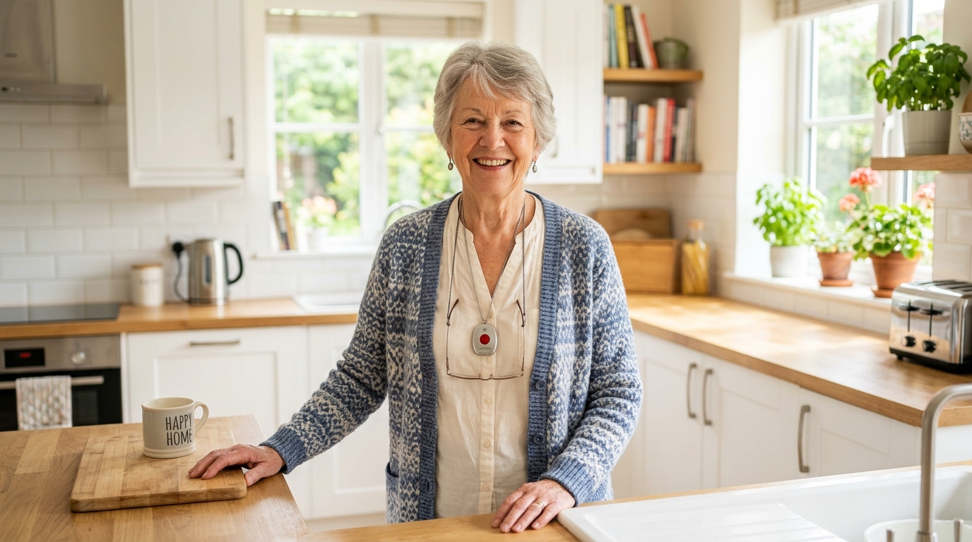 Senior woman confidently wearing medical alert pendant