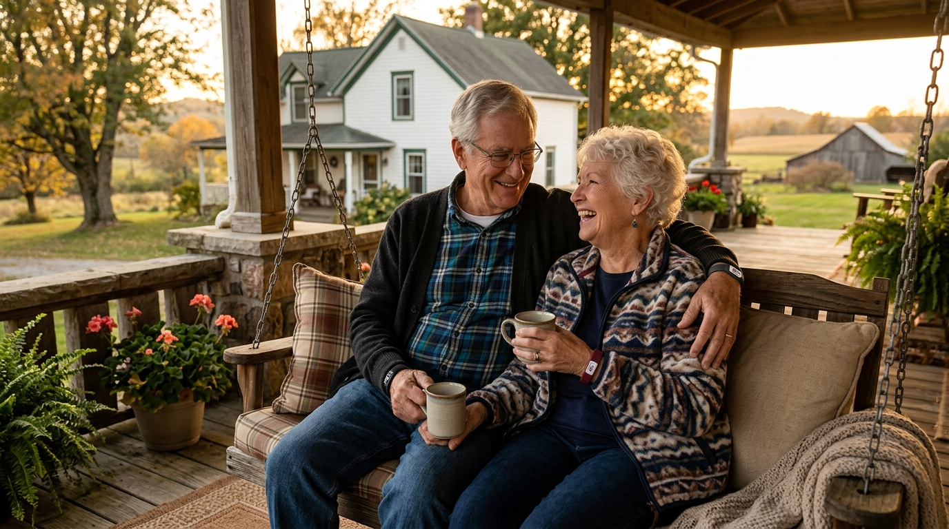 Senior couple relaxing at home protected by medical alert system
