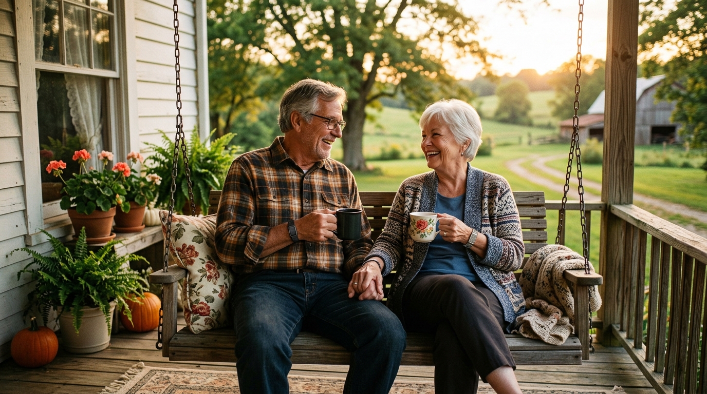 Senior couple sitting together at home, both protected by a medical alert system