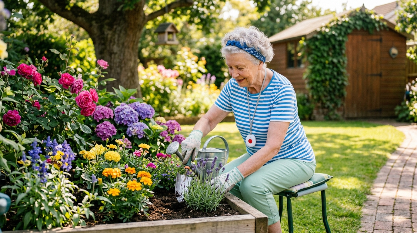 Active senior woman staying safe outdoors with a portable medical alert device