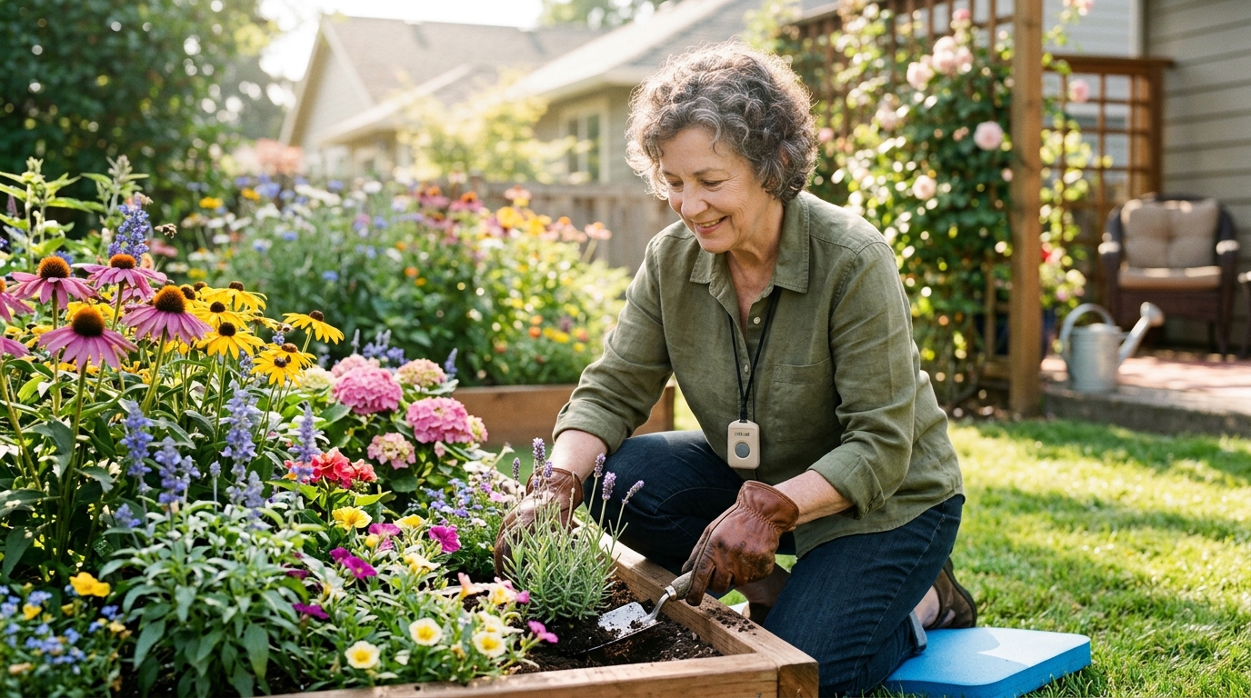 Senior woman gardening outdoors, representing the active lifestyle SeniorAlertGuide helps protect