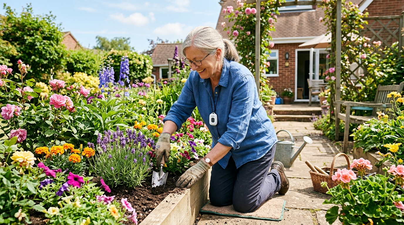 Independent senior woman gardening alone at home with a medical alert for safety