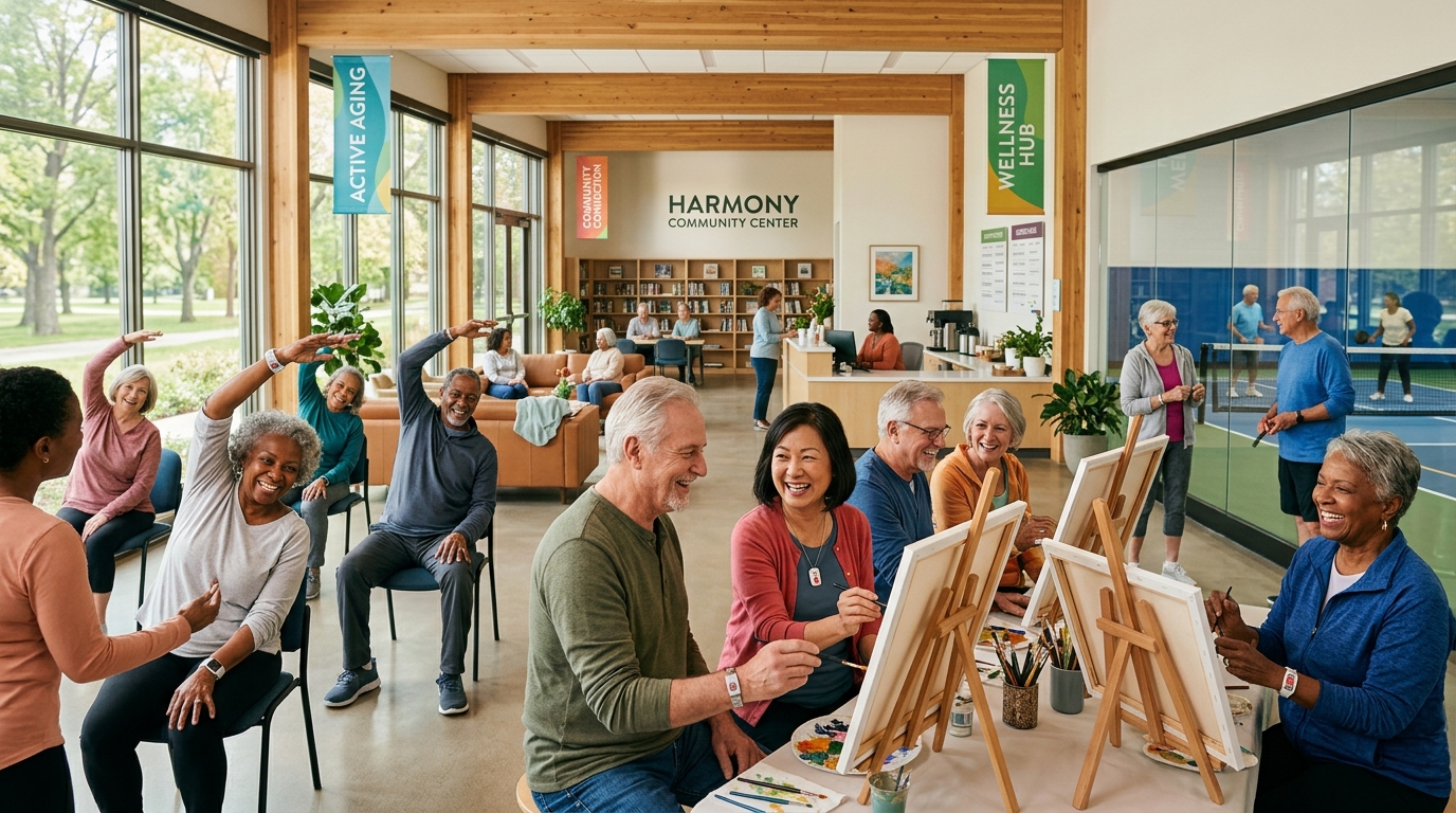 Seniors exploring alternative safety options and smart home devices at a community event