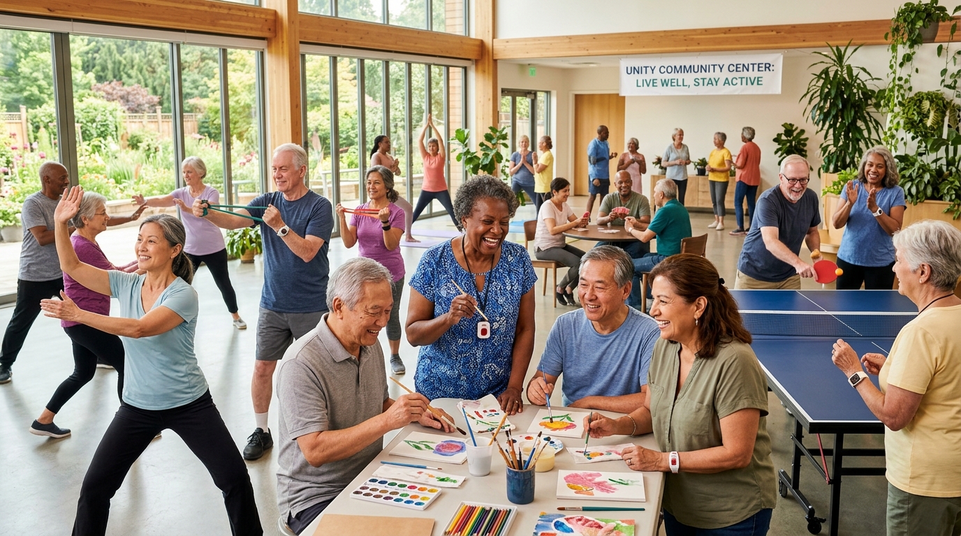 Seniors socializing at community event with discreet alert protection