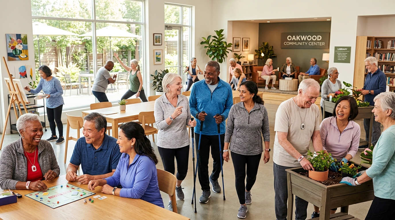 Seniors staying active at community events with alert protection