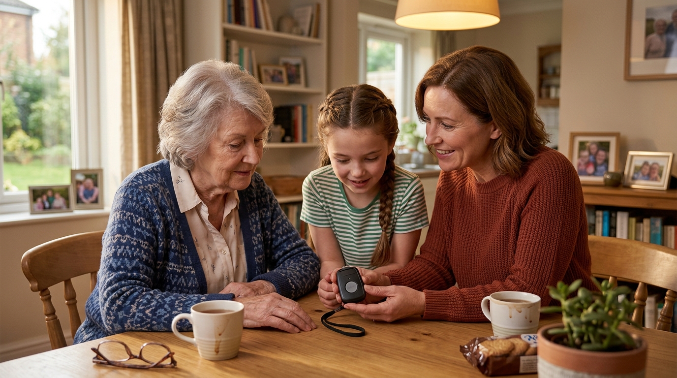 Family members connecting across distance to monitor an elderly loved one's safety