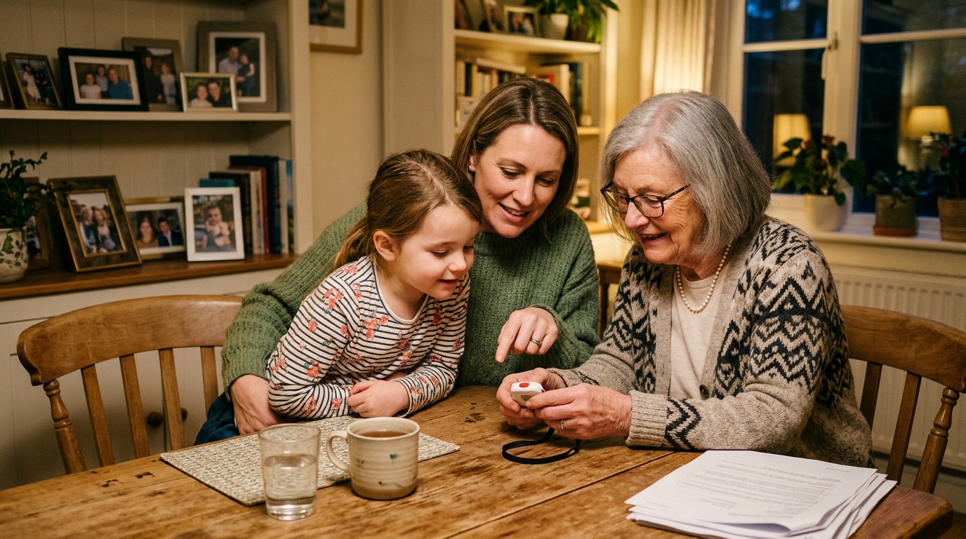 Three generations of a family looking at a tablet together, discussing senior safety options