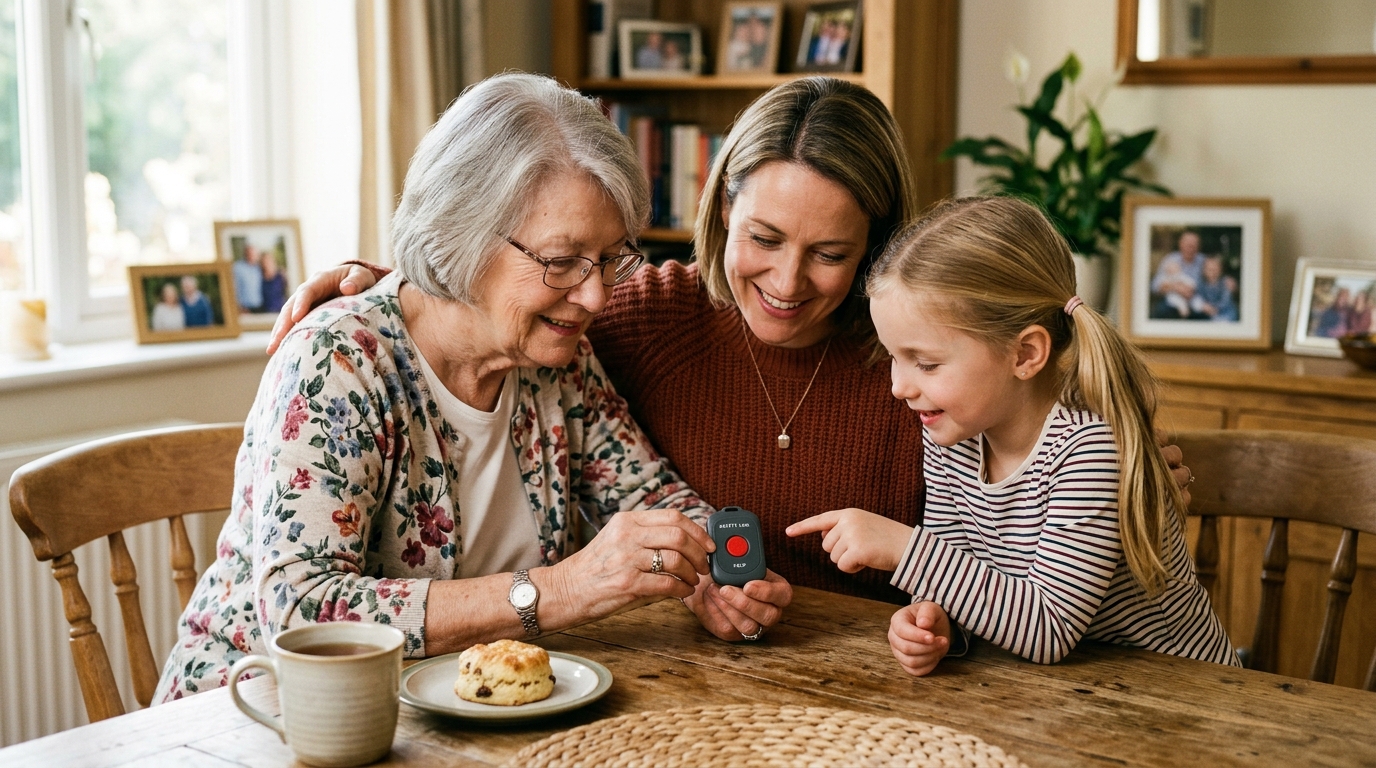 Three generations of a family researching medical alert systems together